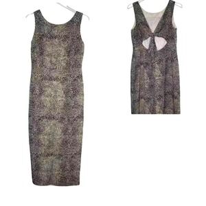 Maggy London Silk Dress 12 Petites Beige Black Animal Print Cut Out Slit Sheath
